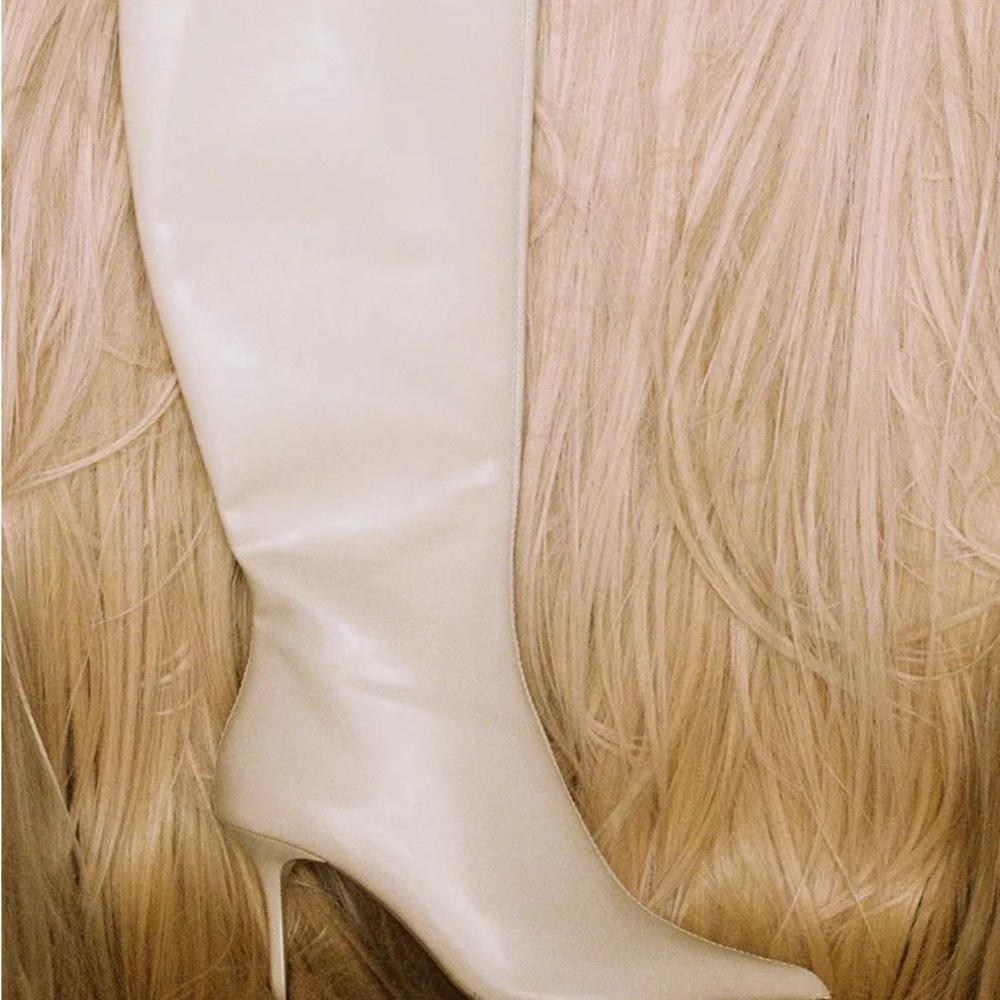 Knee high boots. Thin heel. Zip closure. Pointed toe.
